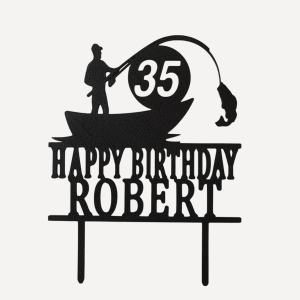 Cake Topper - Happy Birthday Fisherman with Name - Black