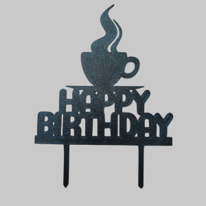 Cake Topper - Happy Birthday Cup of Coffee - Black